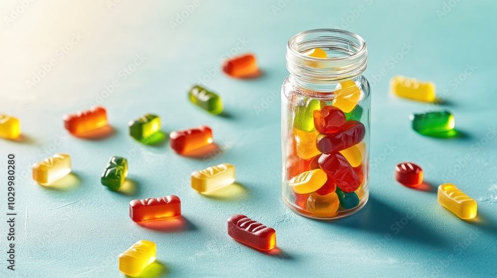 Colorful gummy candies in a glass jar on a blue background. Colorful gummy candies in a glass jar on a blue background.