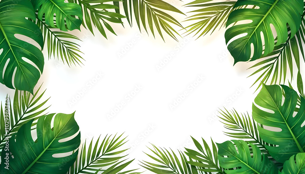 Tropical leaves frame including various green leaves such as monstera Tropical leaves frame including various green leaves such as monstera