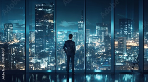 A businessman in a suit stands with his back to the camera, gazing out a high-rise window, overlooking a vibrant cityscape lit up against a dramatic evening skyline.