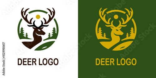 Elegant deer logo featuring a majestic deer with antlers, set against a natural backdrop of trees and a sun