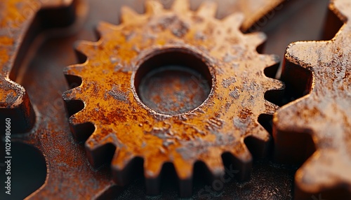 Close-up of rusty gears interlocked.