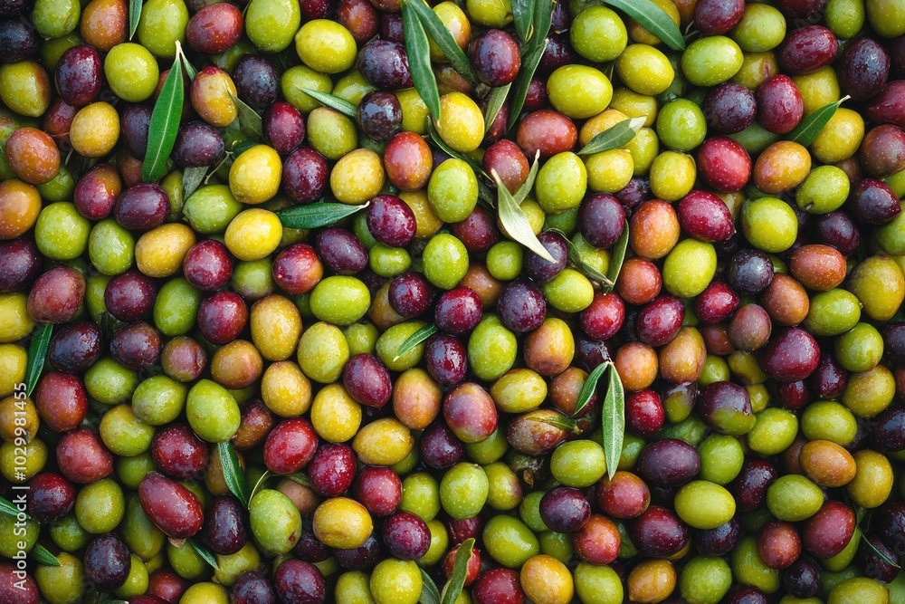 Freshly harvested olives with leaves background showing variety of colors Freshly harvested olives with leaves background showing variety of colors