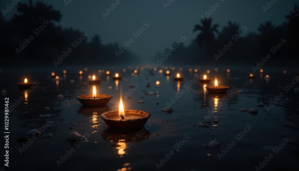 Fototapeta premium Floating candles illuminate a serene river, surrounded by darkness and reflections, creating a tranquil and ethereal atmosphere.