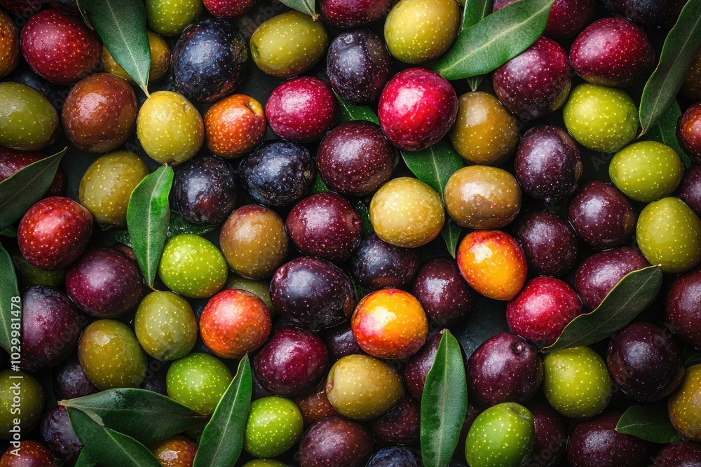 Freshly picked olives displayed with olive tree leaves Freshly picked olives displayed with olive tree leaves