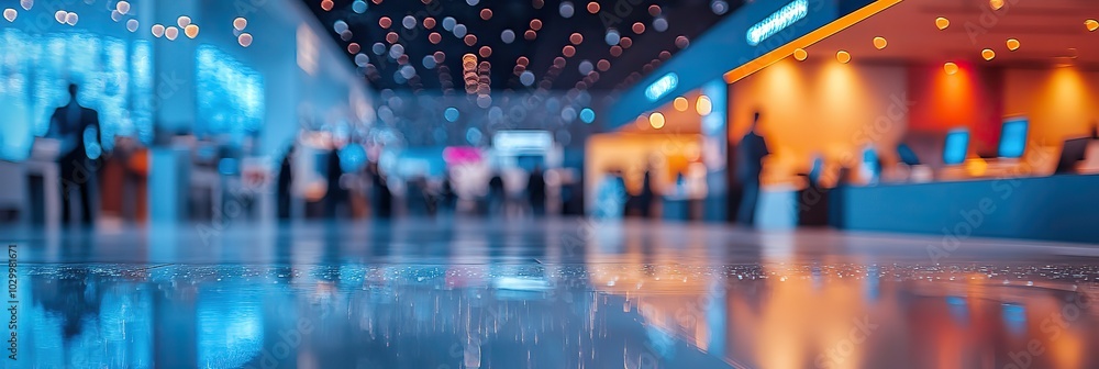 Different stalls at a business exhibition come alive amid a blurry scene. Different stalls at a business exhibition come alive amid a blurry scene.