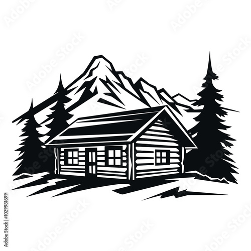 Rustic wooden hunting log cabin among pine trees against a mountain backdrop, vector illustration