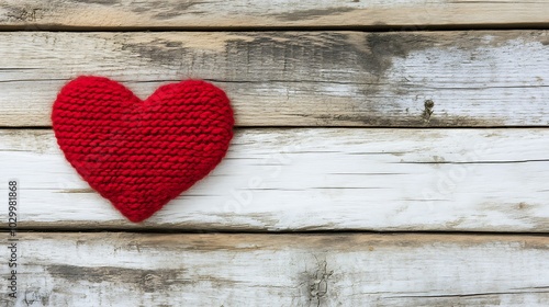 Red Knitted Heart on Weathered Wood Background for Valentine's Day Greeting Card Design Simple Neutral Background with Free Space for Design