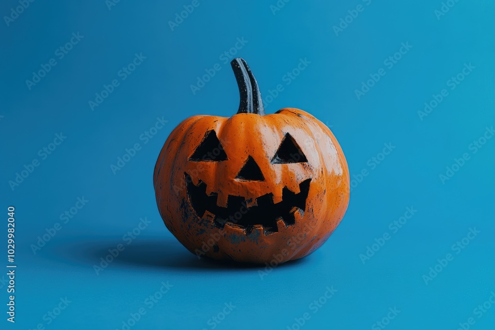 A Carved Pumpkin with a Grinning Face on a Blue Background A Carved Pumpkin with a Grinning Face on a Blue Background