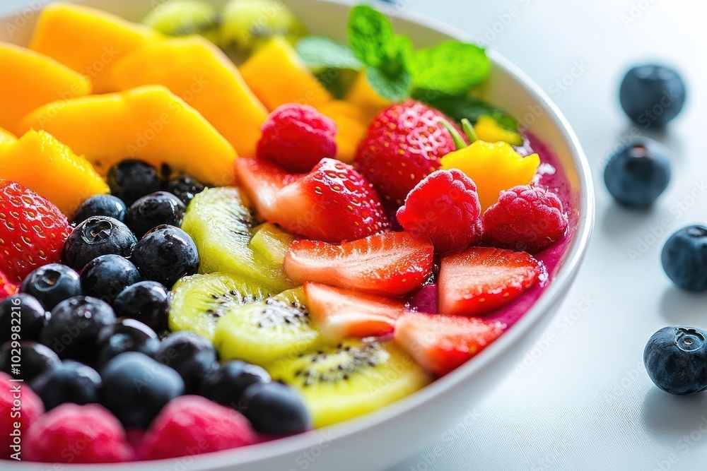 Colorful smoothie bowl with mango, kiwi, strawberries, blueberries, and raspberries. Colorful smoothie bowl with mango, kiwi, strawberries, blueberries, and raspberries.