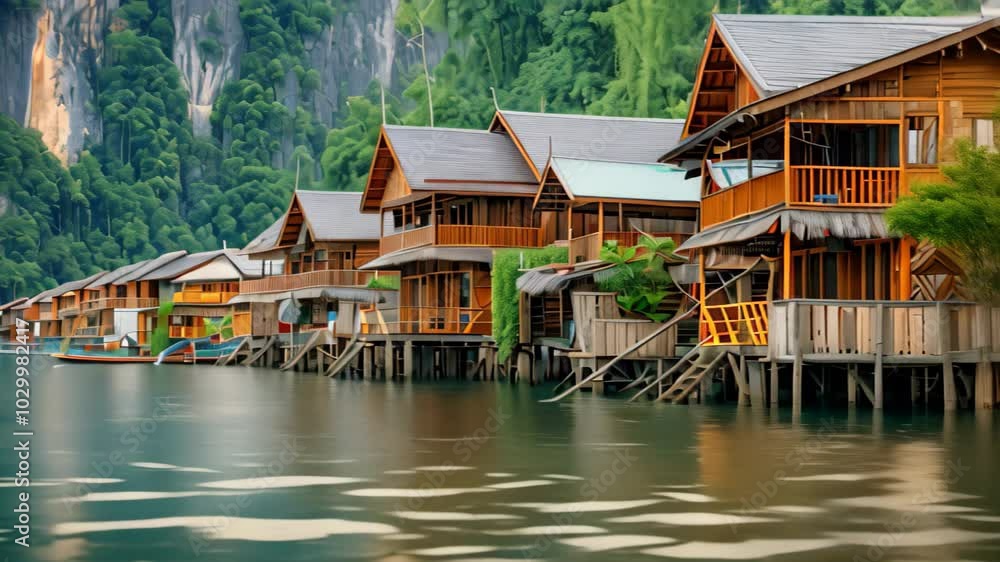 A row of wooden houses built on stilts, nestled along a riverbank in a ...