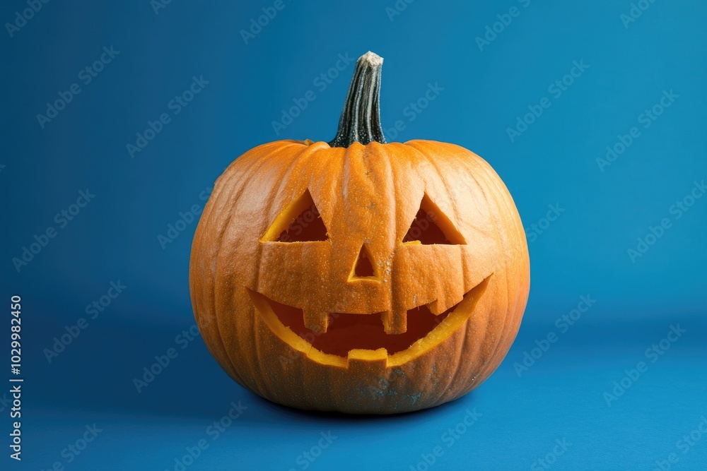 Carved Jack-o'-Lantern with a Grinning Face on a Blue Background Carved Jack-o'-Lantern with a Grinning Face on a Blue Background