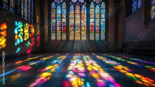 Wallpaper Mural Colorful stained glass window casts beams of light across a church floor. Torontodigital.ca