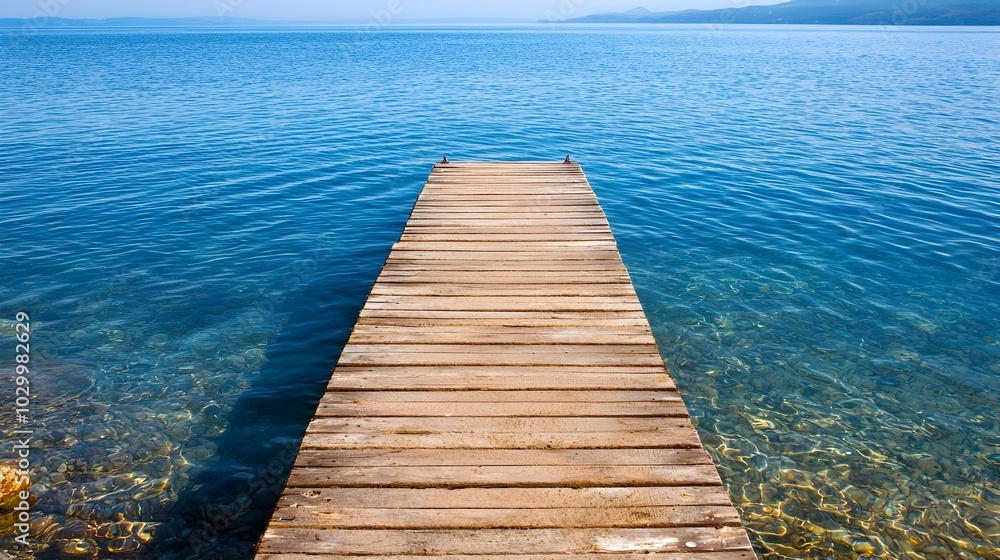 Fototapeta premium Serene summer lakeside pontoon pier in a calm futuristic inspired triadic color scheme capturing the essence of peaceful tranquil outdoor moments The reflective surface of the water and the simple