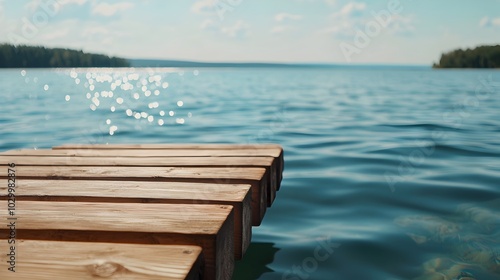 Fototapeta Naklejka Na Ścianę i Meble -  Serene pontoon pier floating on a calm crystal clear lake during the summer  The peaceful minimalist scenery features a split complementary color scheme and ample space for text overlay or branding
