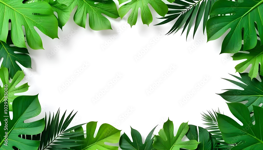 Tropical leaves frame including various green leaves such as monstera Tropical leaves frame including various green leaves such as monstera