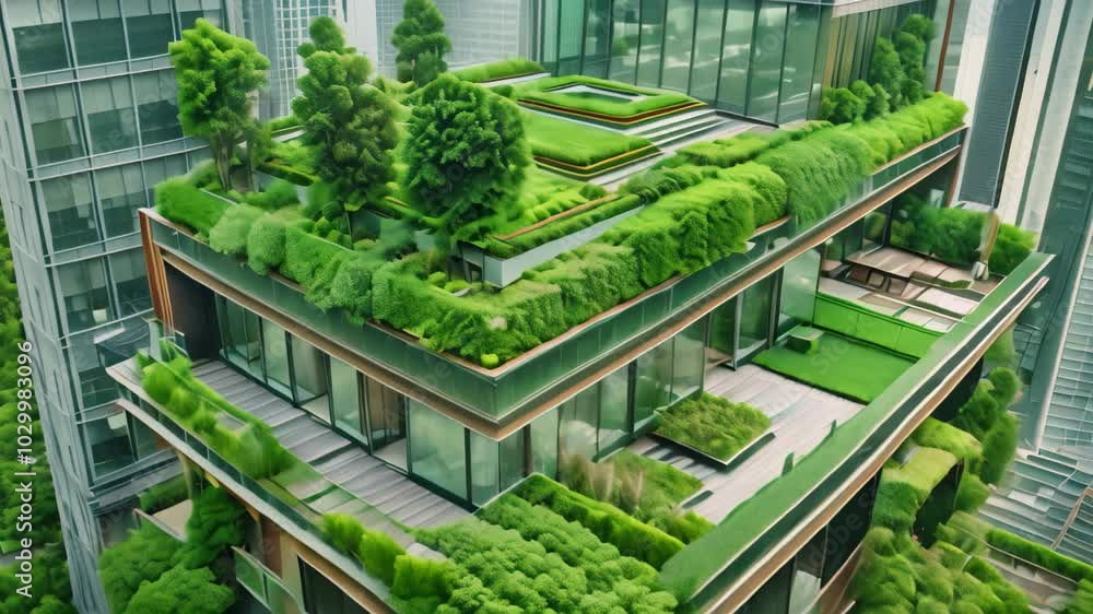Urban oasis with lush rooftop gardens in modern building amidst towering structures, Rooftop gardens and terraces nestled among towering buildings Urban oasis with lush rooftop gardens in modern building amidst towering structures, Rooftop gardens and terraces nestled among towering buildings