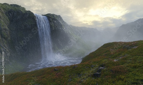 Waterfall rushes from a mountain side from a high vantage point