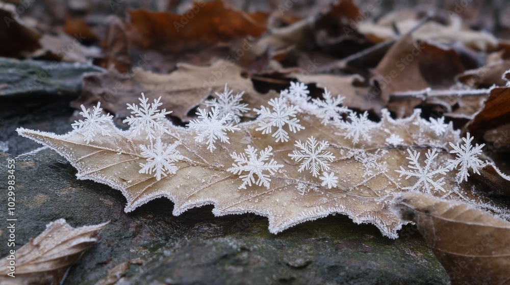 Snowflakes landing on a frost-covered leaf, highlighting the intersection of nature's beauty and winter celebration Snowflakes landing on a frost-covered leaf, highlighting the intersection of nature's beauty and winter celebration