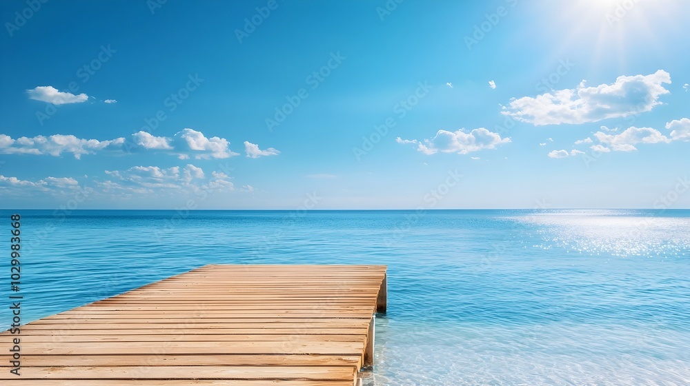 Fototapeta premium Peaceful pontoon pier extending out onto a calm summer lake with a clear blue sky and serene atmosphere This image evokes a sense of tranquility and outdoor relaxation