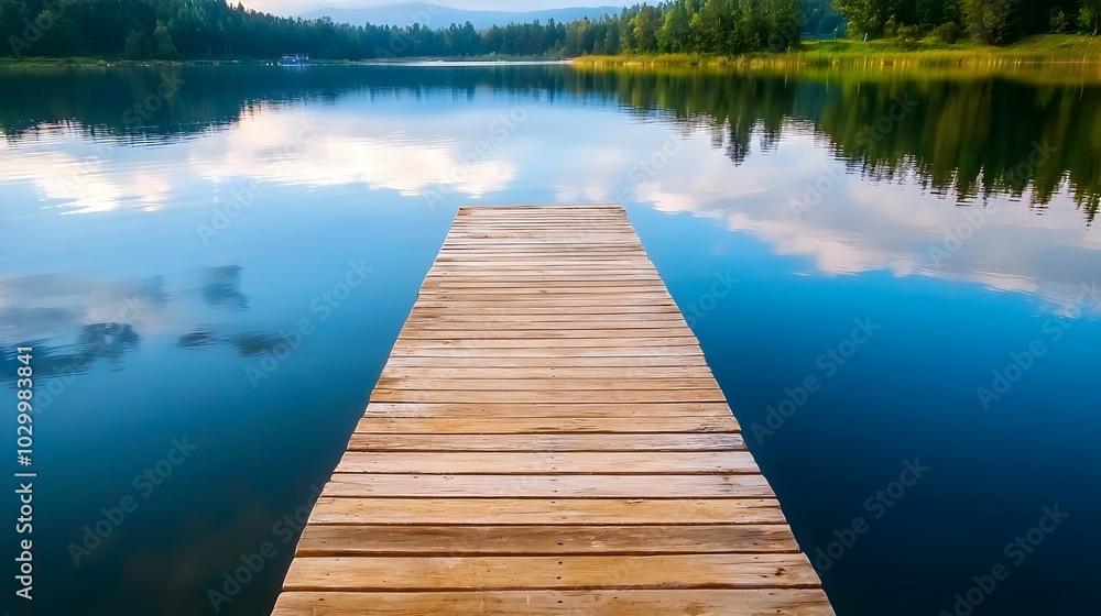 Minimalist and Futuristic Pontoon Pier Leading into a Still and Tranquil Summer Lake Offering Ample Copy Space at the Top View Showcasing a Tetradic Color Scheme and a Peaceful Connection to Nature Minimalist and Futuristic Pontoon Pier Leading into a Still and Tranquil Summer Lake Offering Ample Copy Space at the Top View Showcasing a Tetradic Color Scheme and a Peaceful Connection to Nature