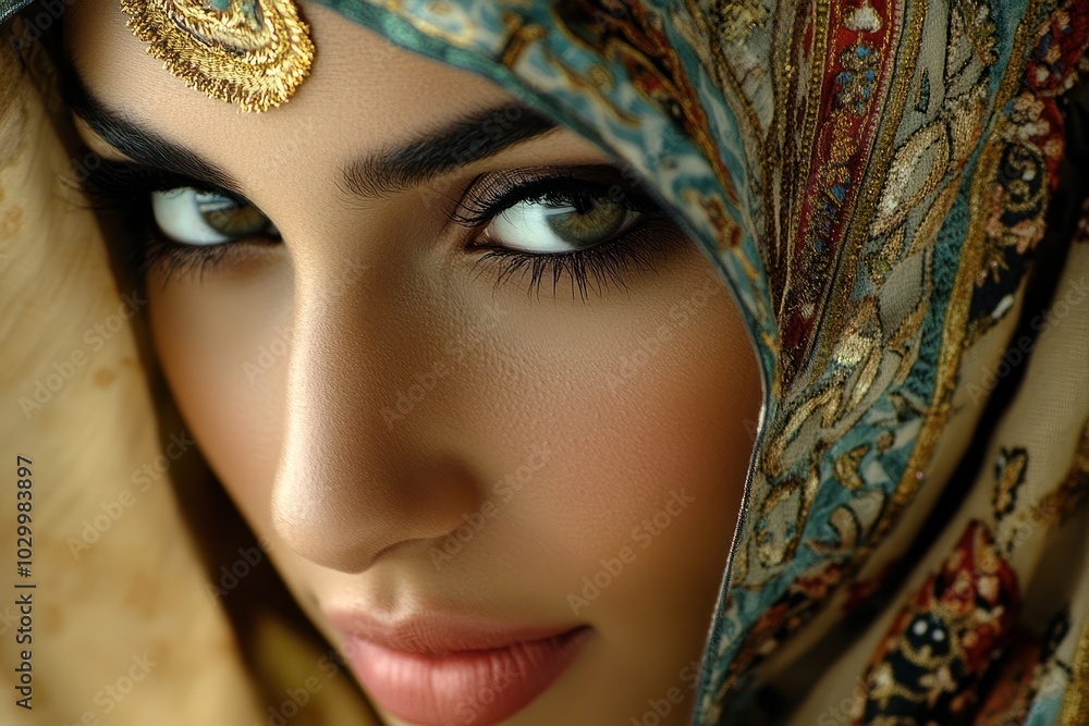 Closeup of a woman's face with a patterned headscarf, focusing on her eyes. Closeup of a woman's face with a patterned headscarf, focusing on her eyes.