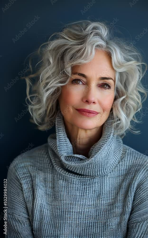 A woman with a gray bob and gray sweater is smiling. She has a gray scarf around her neck A woman with a gray bob and gray sweater is smiling. She has a gray scarf around her neck