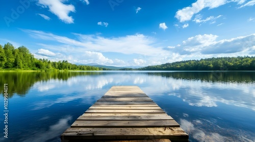 Picturesque pontoon pier stretching into a calm summer lake creating a serene and tranquil natural landscape with ample copy space for text overlay or design elements