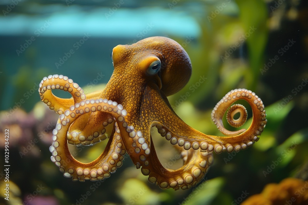 Obraz premium Giant pacific octopus swimming in aquarium with tentacles extended