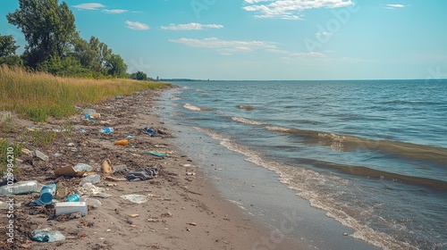 Plastic bottles and trash polluting sandy beach on sunny day
