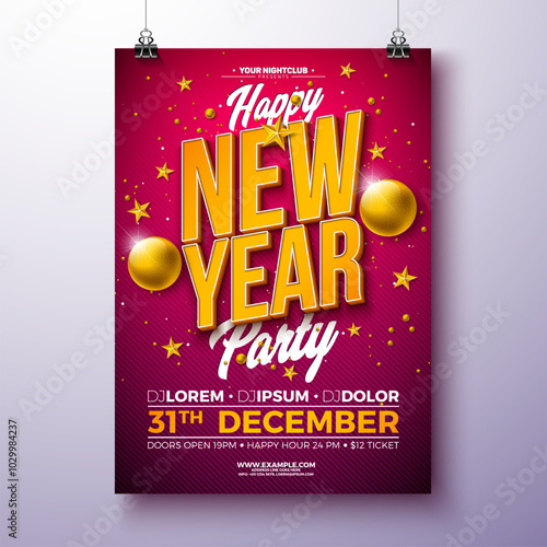 Canvas Print Happy New Year 2025 Party Celebration Poster Template Illustration with 3d Typography Lettering and Christmas Ball on Red Background