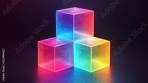 Three luminous, transparent cubes arranged on a dark surface, illuminated by vibrant colors, creating a striking visual contrast.