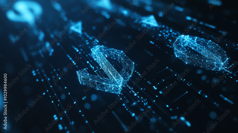 A symbol of money flowing, represented by arrows. This design shows how digital money moves in online banking and financial systems.low poly wireframe. A symbol of money flowing, represented by arrows. This design shows how digital money moves in online banking and financial systems.low poly wireframe.