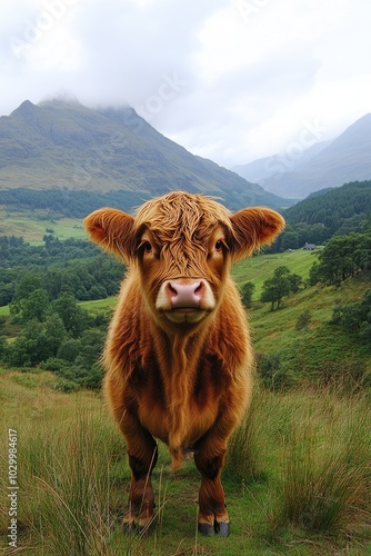 Highland cow standing on grass with mountains in background