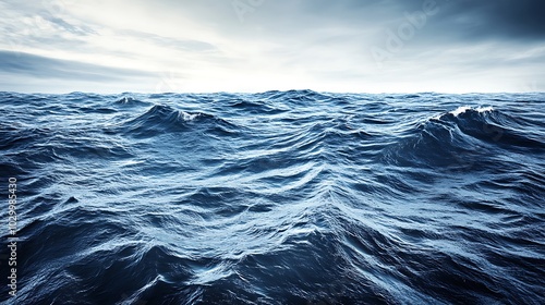 A wide shot of a stormy sea, capturing the vastness of the ocean with choppy waves and a stormy sky