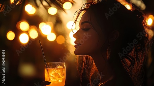 Silhouette of a woman enjoying a cocktail in a dimly lit bar with festive lights photo