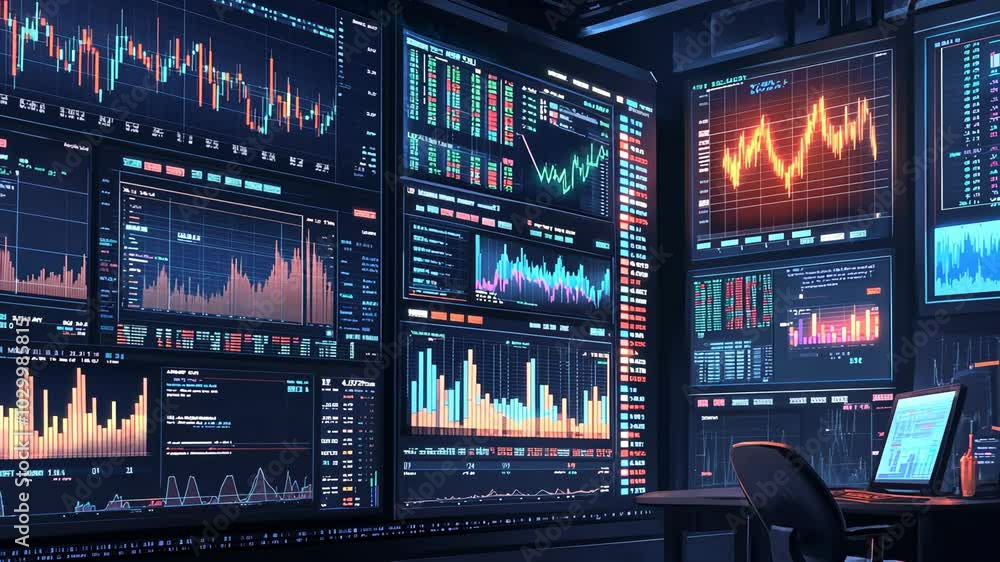 A room filled with computer screens displays various financial charts and data, a common sight in a modern trading center A room filled with computer screens displays various financial charts and data, a common sight in a modern trading center
