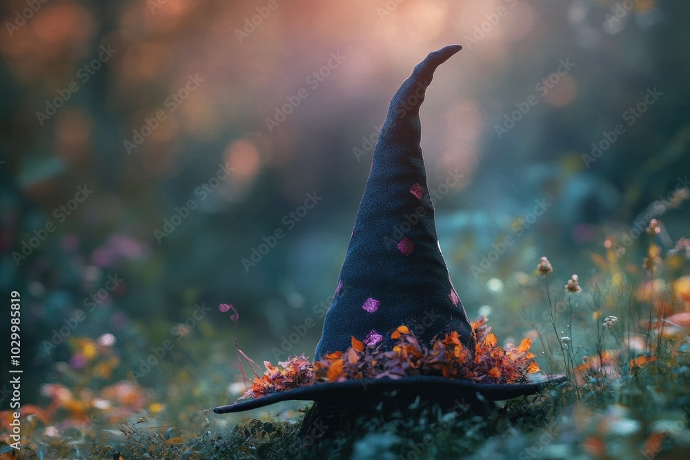 Fototapeta premium A witch's hat with autumn leaves resting in a forest