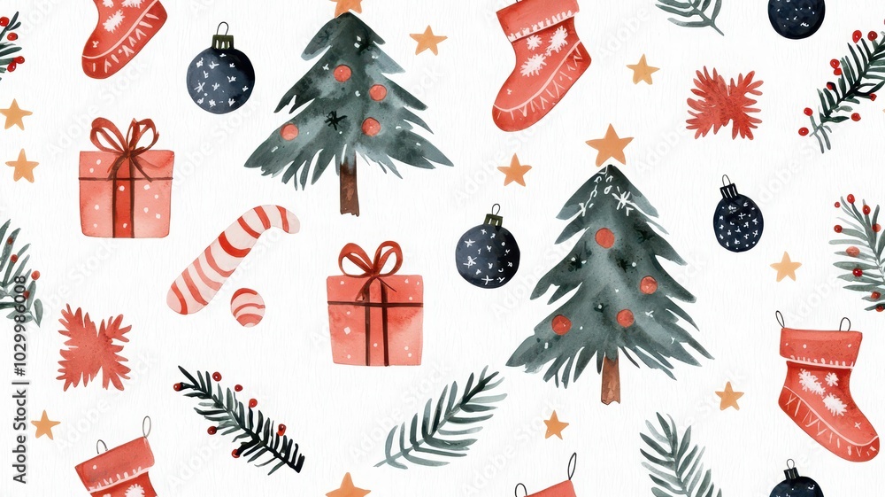 Seamless Watercolor Christmas Design: Trees, Stars, Gifts, Stockings, and Wreaths for Festive Celebrations. Seamless Watercolor Christmas Design: Trees, Stars, Gifts, Stockings, and Wreaths for Festive Celebrations.