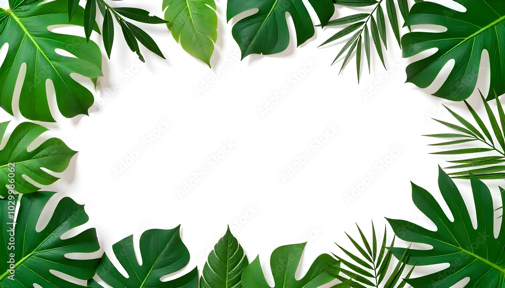 Tropical leaves frame including various green leaves such as monstera Tropical leaves frame including various green leaves such as monstera