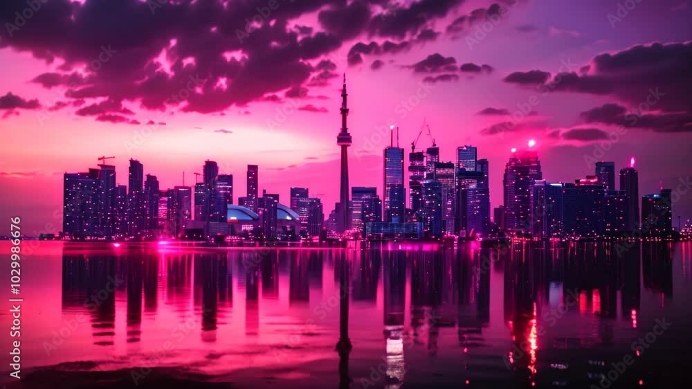 A serene view of the Toronto skyline at twilight, with the city lights reflecting on the calm water, Serene city skyline at twilight, with the last remnants of daylight fading in the horizon A serene view of the Toronto skyline at twilight, with the city lights reflecting on the calm water, Serene city skyline at twilight, with the last remnants of daylight fading in the horizon