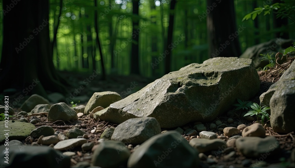 A large rock sits in the middle of a forest. The rock is surrounded by small rocks and dirt, and the forest is lush and green. Concept of solitude and tranquility A large rock sits in the middle of a forest. The rock is surrounded by small rocks and dirt, and the forest is lush and green. Concept of solitude and tranquility