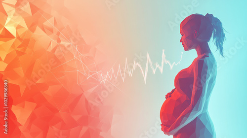 A poster featuring a pregnant woman with a heartbeat symbol. It symbolizes the use of cardiotocography (CTG) in prenatal care clinics. The design is a 3D digital illustration with a low-poly style. photo