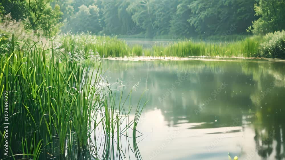 A tranquil pond nestled in a lush forest, surrounded by tall reeds and reflecting the vibrant green foliage, Serene pond surrounded by tall reeds and grasses A tranquil pond nestled in a lush forest, surrounded by tall reeds and reflecting the vibrant green foliage, Serene pond surrounded by tall reeds and grasses