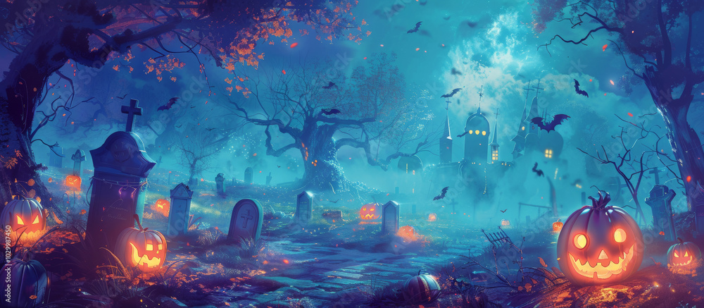 Obraz premium A spooky Halloween scene featuring glowing jack o lanterns, eerie gravestones, and misty graveyard under moonlit sky. Bats flutter among trees, creating haunting atmosphere