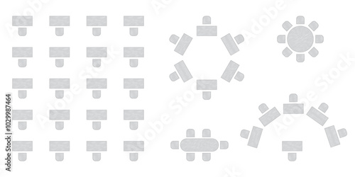 Wedding seating plan element. Conference banquet seminar classroom interior, conference hall and seminar room interior design. Vector top view of arrangement of banquet furniture seats illustration