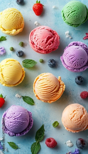 Colorful ice cream scoops with fresh berries and mint leaves on blue background.