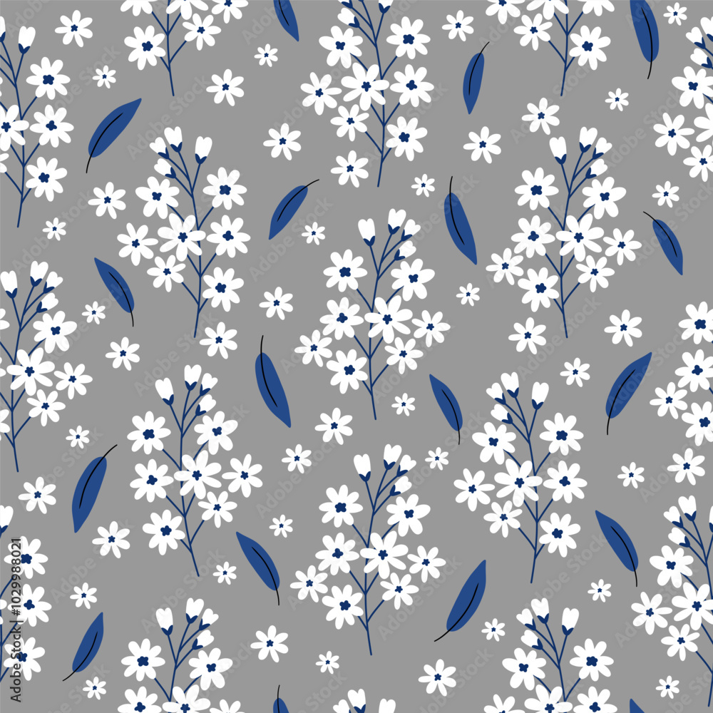 Seamless pattern with white flowers on grey background. Hand drawn floral pattern for your fabric, summer background, wallpaper, backdrop, textile. Vector illustration Seamless pattern with white flowers on grey background. Hand drawn floral pattern for your fabric, summer background, wallpaper, backdrop, textile. Vector illustration