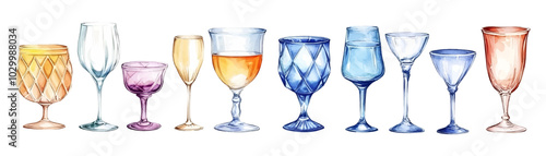 Watercolor set of glass glasses for drinks png. Glass glasses for cocktails, champagne, wine, etc., on a transparent background. Watercolor dishes for drinks. Vector illustration.