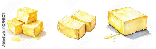 Set of pieces of butter, margarine watercolor. A piece of butter or margarine on a transparent background. Ingredients for baking, preparing dishes, sandwiches, etc. Salty dairy products watercolor.
