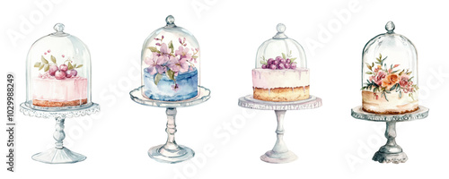 A set of watercolor cakes in glass stands decorated with flowers and berries. Watercolor cakes with flowers in glass flasks. Vintage cakes on a stand. Elements for wedding decor, etc.